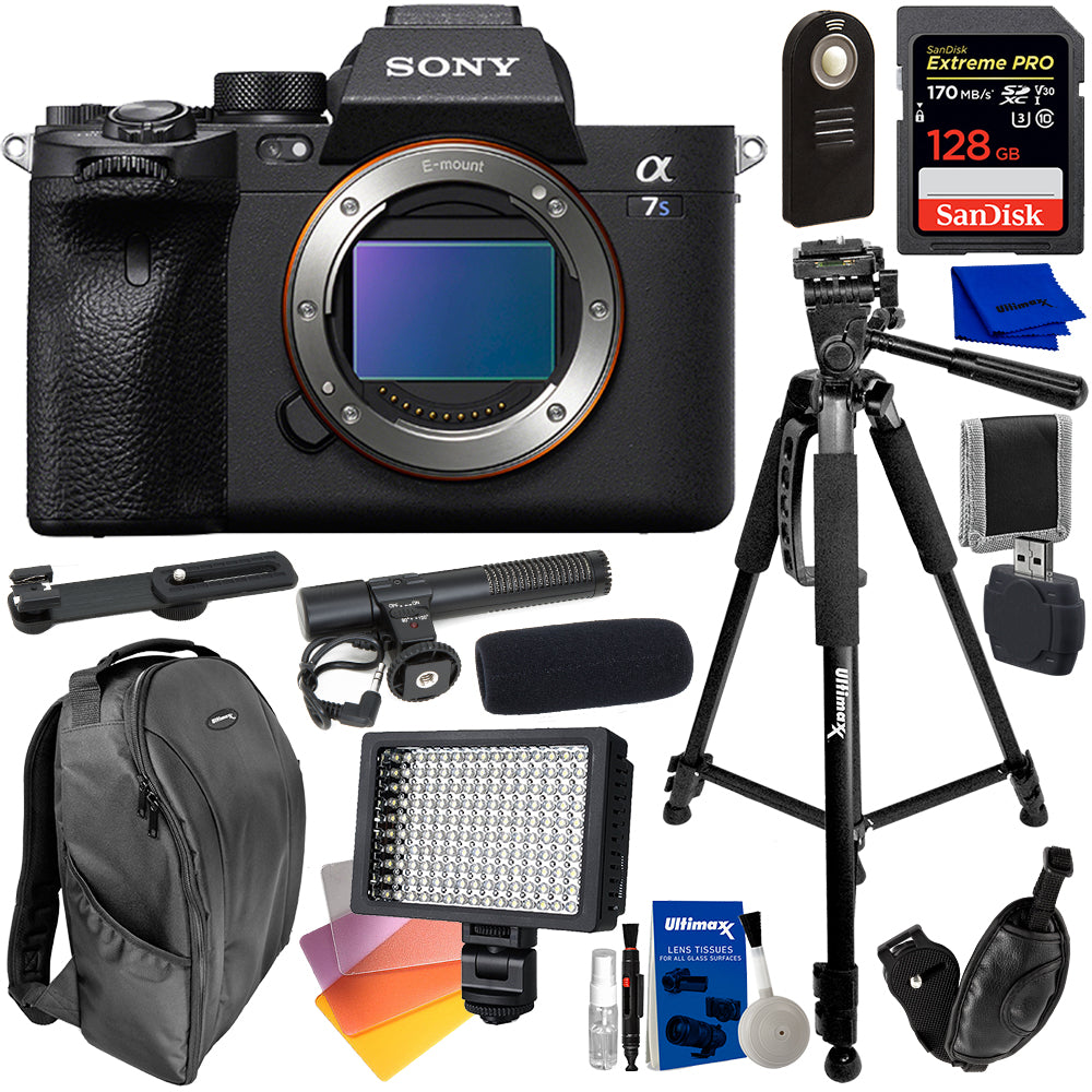 Sony Alpha A7S III Mirrorless Digital Camera (Body Only) With Essential Accessory Bundle - Includes: SanDisk Extreme Pro 128GB SDXC Card, Carbon Fiber 60” Tripod, Water Resistant Backpack & MORE
