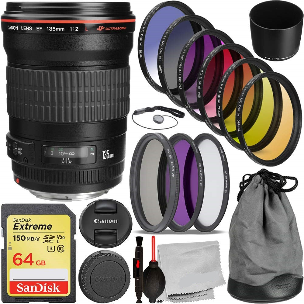 Canon EF 135mm F/2L USM Lens With Essential Accessory Bundle