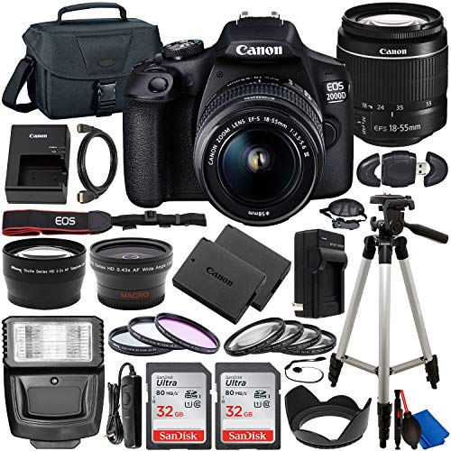 Canon EOS 2000D (Rebel T7) DSLR Camera with EF-S 18-55mm f/3.5-5.6 Lens & Deluxe Accessory Bundle - Includes: 2x SanDisk Ultra 32GB SDHC Memory Card, Extended Life Battery, Carrying Case & MORE