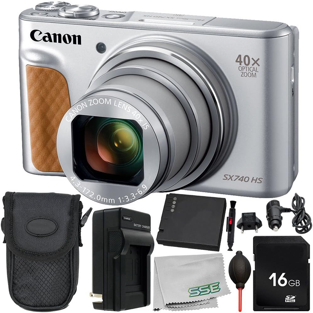 Shop Canon PowerShot SX740 HS Camera Bundle with 40x zoom and 4K video. Includes battery, charger, and accessories. Perfect for travel and vlogging.