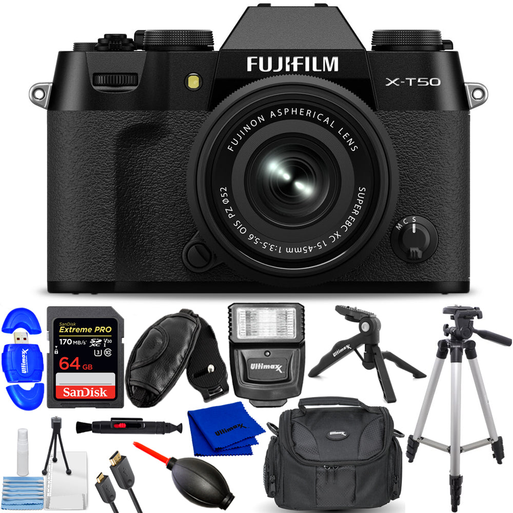 FUJIFILM X-T50 Mirrorless Camera with XC 15-45mm f/3.5-5.6 Lens (Black) Advanced Bundle