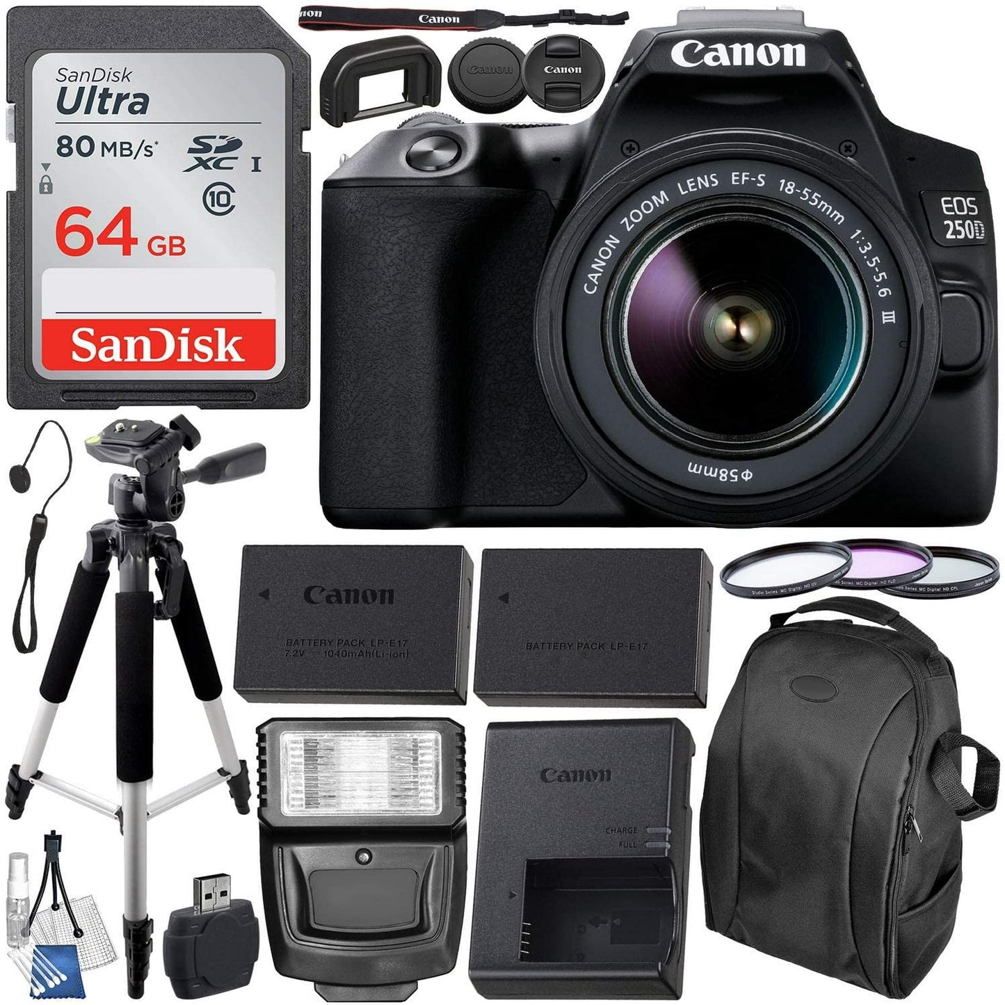 SSE Canon EOS 250D (Rebel SL3) DSLR Camera with 18-55mm DC III Lens & Essential Accessory Bundle ? Includes: SanDisk Ultra 64GB SDXC Memory Card, Extended Life Battery, Slave Flash, 57 Tripod & More