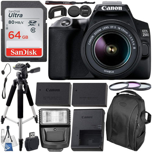 SSE Canon EOS 250D (Rebel SL3) DSLR Camera with 18-55mm DC III Lens & Essential Accessory Bundle ? Includes: SanDisk Ultra 64GB SDXC Memory Card, Extended Life Battery, Slave Flash, 57 Tripod & More