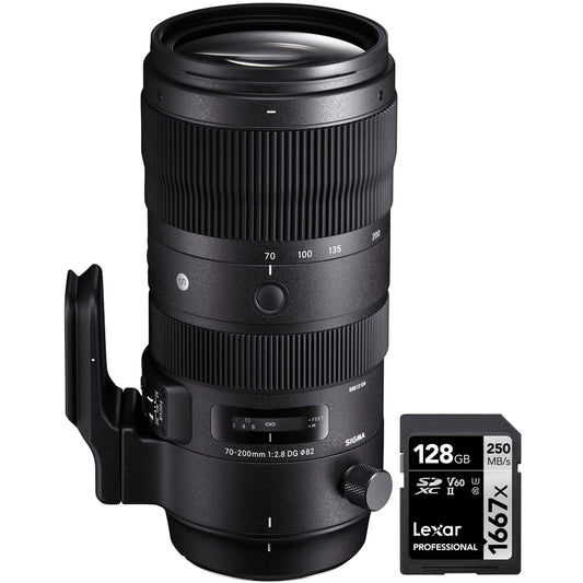 Sigma 590955 70-200mm F2.8 Sports DG OS HSM Telephoto Zoom Lens for Nikon F Mount Bundle with Lexar Professional 1667x 128GB SDXC UHS-II Memory Card