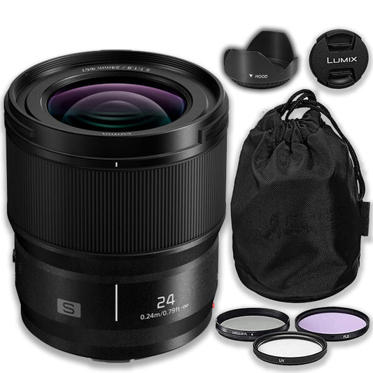 Panasonic Lumix S 24mm f/1.8 Lens for Mirrorless Full Frame Digital Cameras. Includes: 3PC Filter Kit, Case, Hood & More, Black