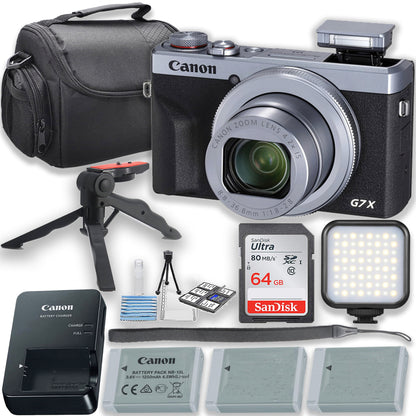Canon PowerShot G7 X Mark III Digital Camera (Silver) with LED Video Light + Two Extra Batteries + 64GB Memory Card + Tripod + Case & More
