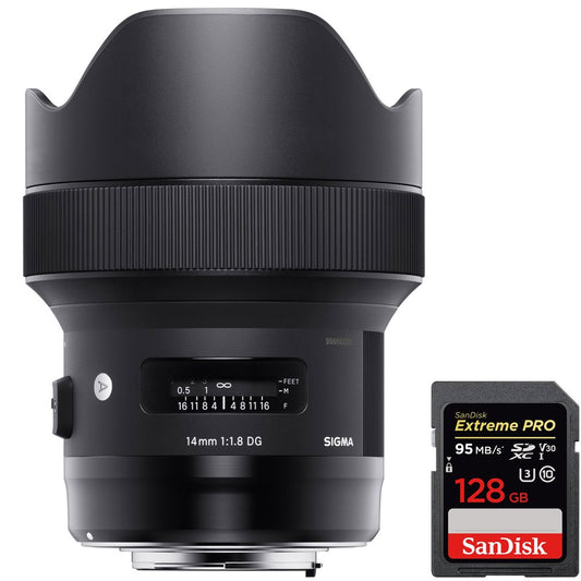 Sigma 14mm F1.8 DG HSM Art Wide Angle Full Frame Lens for Canon (450954) Bundle with Sandisk Extreme PRO SDXC 128GB UHS-1 Memory Card