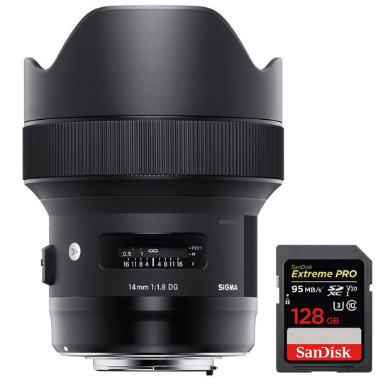Sigma 14mm F1.8 DG HSM Art Wide Angle Full Frame Lens for Nikon F Mount Camera (450955) Bundle with Sandisk Extreme PRO SDXC 128GB UHS-1 Memory Card