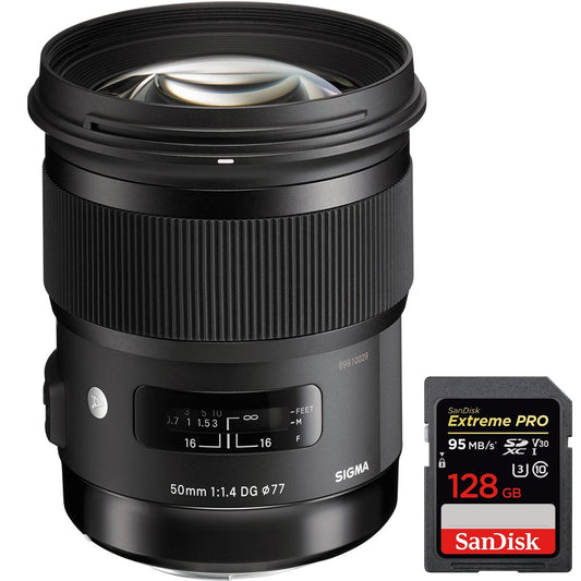 Sigma 50mm f/1.4 DG HSM Art Lens for Nikon F SLR Cameras (311306) + Sandisk Extreme PRO SDXC 128GB UHS-1 Memory Card
