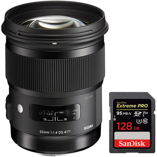 Sigma 50mm f/1.4 DG HSM Art Lens for Sony E Mount Cameras (311-965) with Sandisk Extreme PRO SDXC 128GB UHS-1 Memory Card