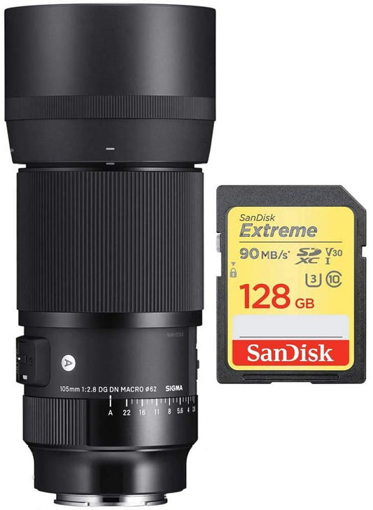 Sigma 260965 105mm F2.8 Art DG DN Macro Lens for Sony E Mount Full Frame Mirrorless Bundle with Sandisk 128GB Extreme SD Memory UHS-I Card