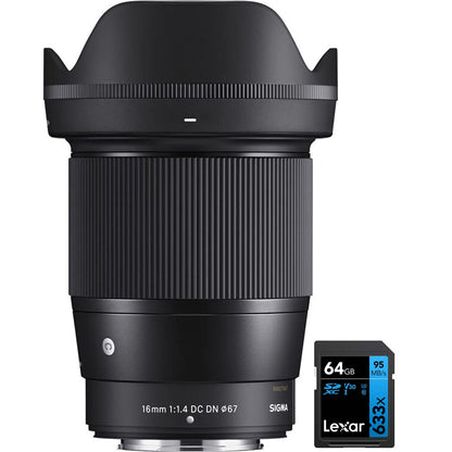 Sigma 402975 16mm f/1.4 DC DN Contemporary Lens for FUJIFILM X Bundle with Lexar Professional 633x 64GB UHS-1 Class 10 SDXC Memory Card