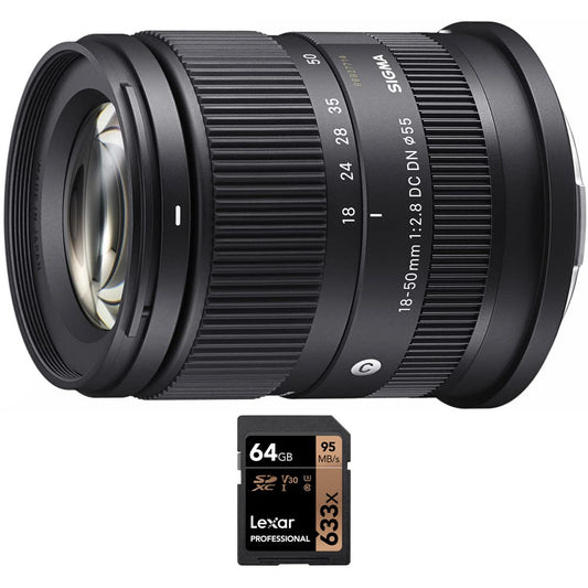 Sigma 585969 18-50mm f/2.8 DC DN Contemporary Lens Compatible with L-Mount APS-C Bundle with Lexar Professional 633x 64GB UHS-1 Class 10 SDXC Memory Card