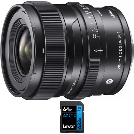 Sigma 490965 20mm F2 DG DN Contemporary Lens for Sony E-Mount Full Frame Mirrorless Bundle with Lexar Professional 633x 64GB UHS-1 Class 10 SDXC Memory Card