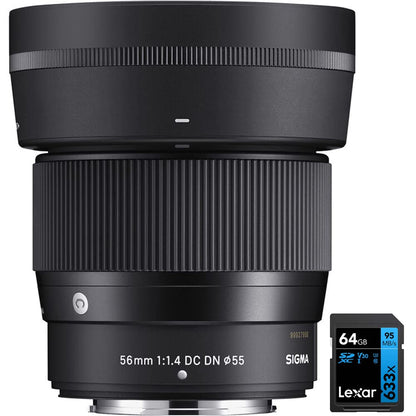 Sigma 351975 56mm F1.4 DC DN Contemporary Lens for FUJIFILM X Bundle with Lexar Professional 633x 64GB UHS-1 Class 10 SDXC Memory Card