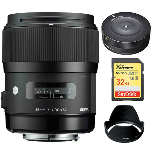 Sigma 35mm f/1.4 DG HSM Art Wide-angle Lens for Canon EF DSLR Cameras Bundle with Sigma USB Dock for Canon Lens and Sandisk 32GB Extreme SD Memory UHS-I Card
