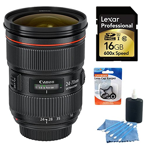 Canon EF 24-70mm f/2.8L II USM Lens Bundle Includes: 24-70mm Lens, Lexar 16GB Professional 600x SDHC UHS-I Memory Card, 3pc. Lens Cleaning Kit, & Lens Cap Keeper