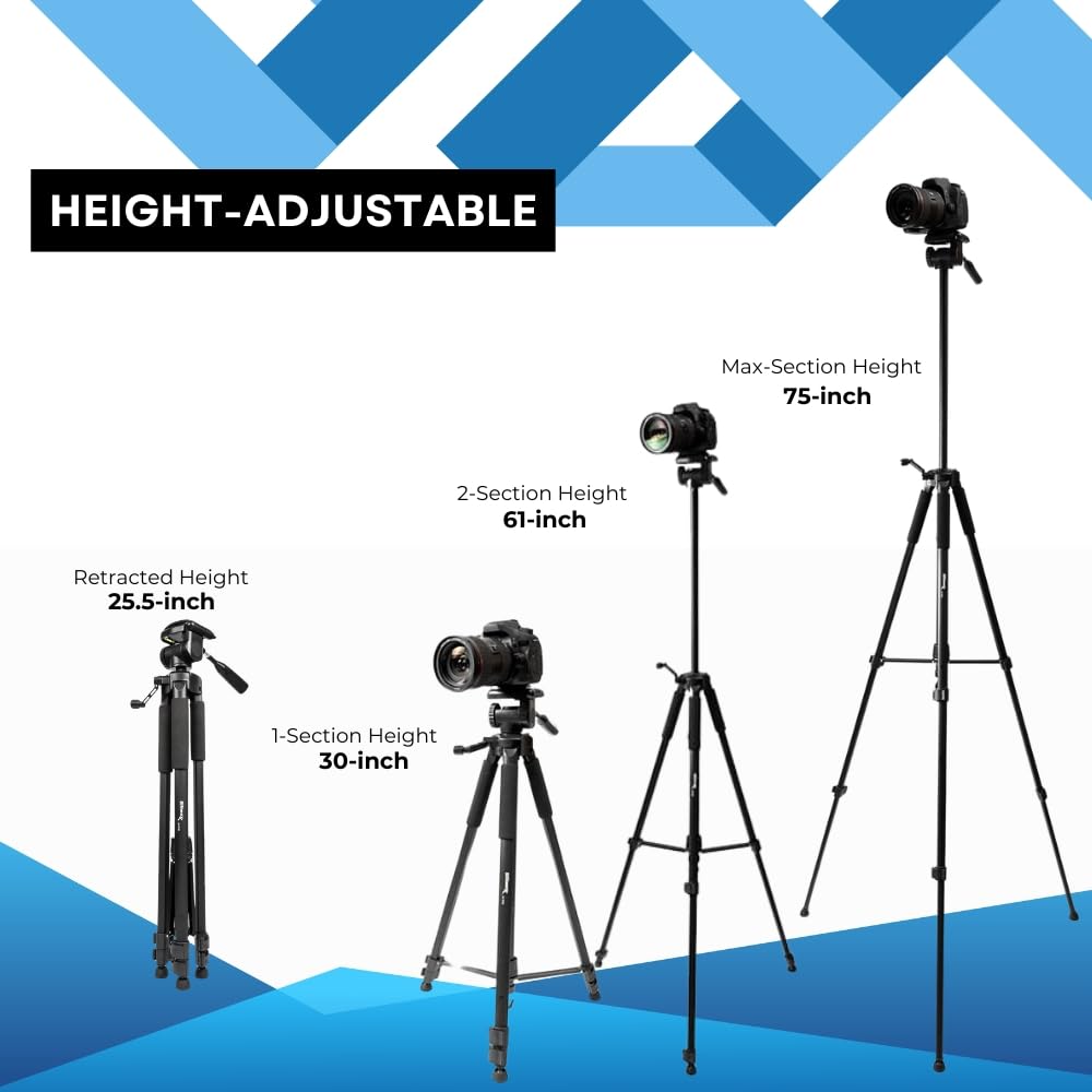 75" Professional Heavy Duty 3-Way Pan Head Tripod for JVC GY-HM100U, GY-HM700L17S, GY-HM700U, GY-HM700CHU, JVC GY-HM750, HM750 PROHD, JVC GY-HM790, GY-HM790U, HM150U, HMZ1U Camcorders & Video Cameras