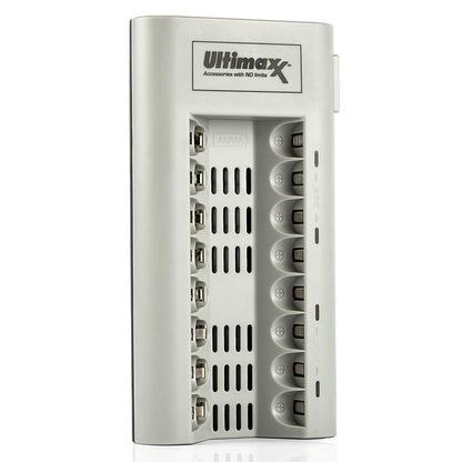 Ultimaxx Charger with Batteries ? 8 Port Battery Charger with 1x AA Batteries 3150mAh and 1x AAA Batteries 1100mAh Memory Free- Rechargeable, Ni-MH, Durable & Long-Lasting Batteries