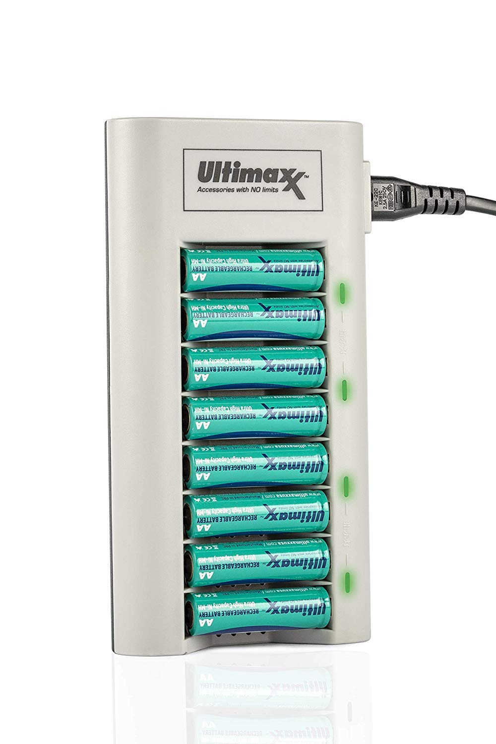 Ultimaxx Charger with Batteries ? 8 Port Battery Charger with 1x AA Batteries 3150mAh and 1x AAA Batteries 1100mAh Memory Free- Rechargeable, Ni-MH, Durable & Long-Lasting Batteries