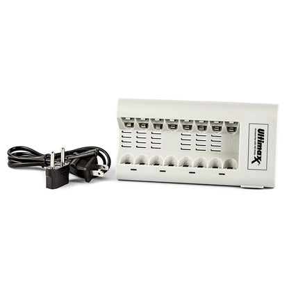 Ultimaxx Charger with Batteries ? 8 Port Battery Charger with 1x AA Batteries 3150mAh and 1x AAA Batteries 1100mAh Memory Free- Rechargeable, Ni-MH, Durable & Long-Lasting Batteries