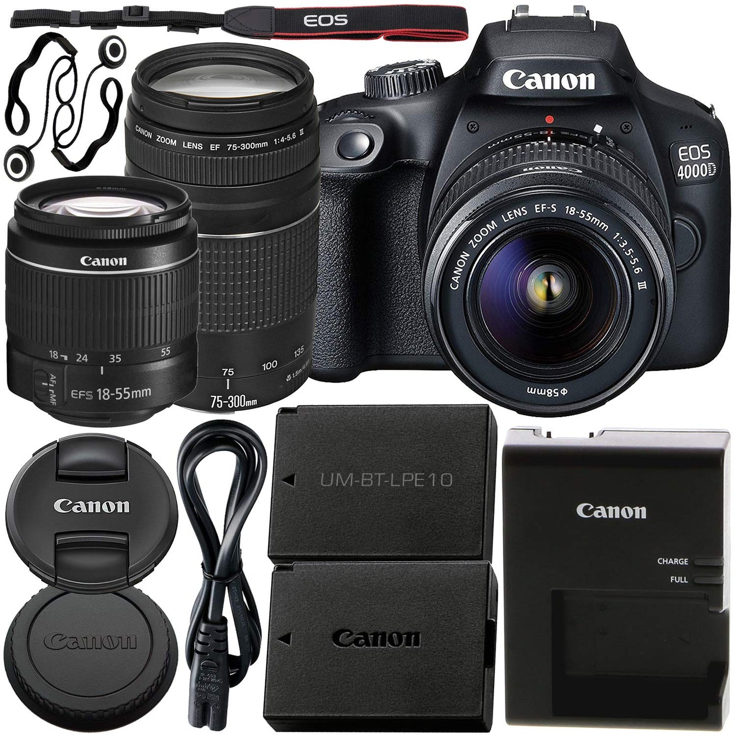 Canon EOS 4000D DSLR Camera with EF-S 18-55mm III Lens & EF 75-300mm III Lens Basic Bundle - Includes: Free Promotional Extended Life LPE10 Replacement Battery (1600mAh) & 2x Universal Lens Cap Keeper