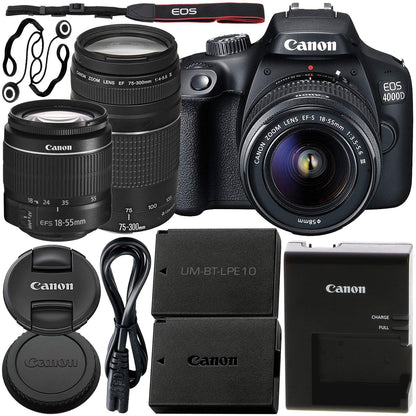 Canon EOS 4000D DSLR Camera with EF-S 18-55mm III Lens & EF 75-300mm III Lens Basic Bundle - Includes: Free Promotional Extended Life LPE10 Replacement Battery (1600mAh) & 2x Universal Lens Cap Keeper