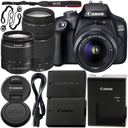 Canon EOS 4000D DSLR Camera with EF-S 18-55mm III Lens & EF 75-300mm III Lens Basic Bundle - Includes: Free Promotional Extended Life LPE10 Replacement Battery (1600mAh) & 2x Universal Lens Cap Keeper