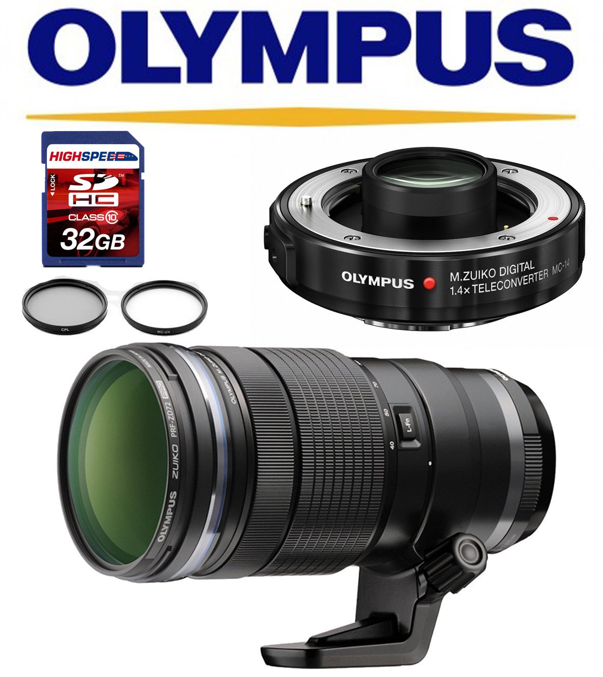 Olympus M 40-150mm f/2.8 Interchangeable PRO Lens (Black) w/ Olympus MC-14 1.4X Teleconverter, Filters, 32GB