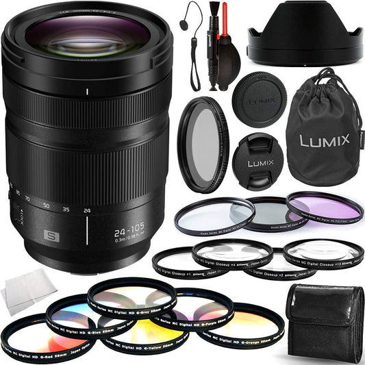 Panasonic Lumix S 24-105mm f/4 Macro O.I.S. Lens with Advanced Accessory Bundle: Bundle Includes – 3pc Filter Kit(UV,CPL,FLD), 6pc Graduated Color Filter Kit, 4pc Macro Close-up Filter Kit, Variable Neutral Density Filter, and 3pc Cleaning Kit