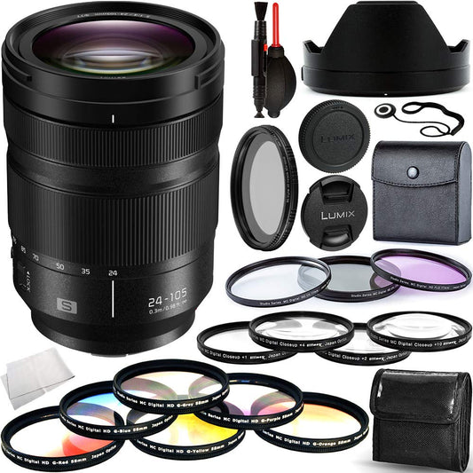 Panasonic Lumix S 24-105mm f/4 Macro O.I.S. Lens (White Box) with Advanced Accessory Bundle: Bundle Includes – 3pc Filter Kit(UV,CPL,FLD), 6pc Graduated Color Filter Kit, 4pc Macro Close-up Filter Kit, Variable Neutral Density Filter, and 3pc Cleaning Kit