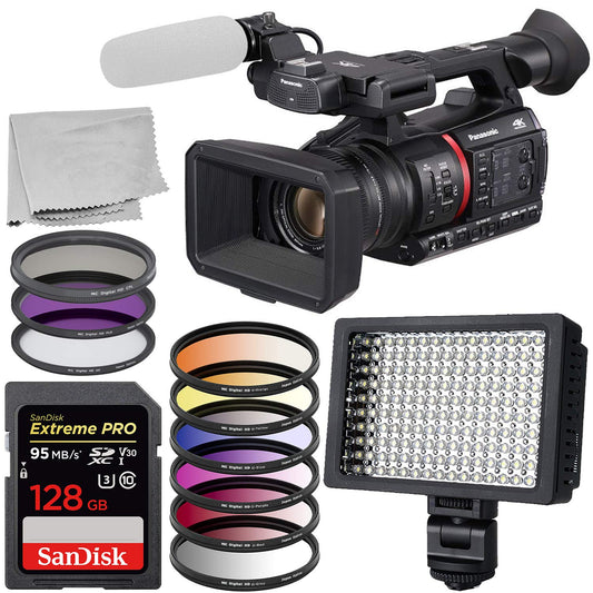 Panasonic AG-CX350 4K Camcorder Starter Bundle Includes: SanDisk Extreme 128 Memory Card - 3 Piece Multi Coated HD Filter Kit 67mm - 6pc Graduated Color Filter Set 67mm and More