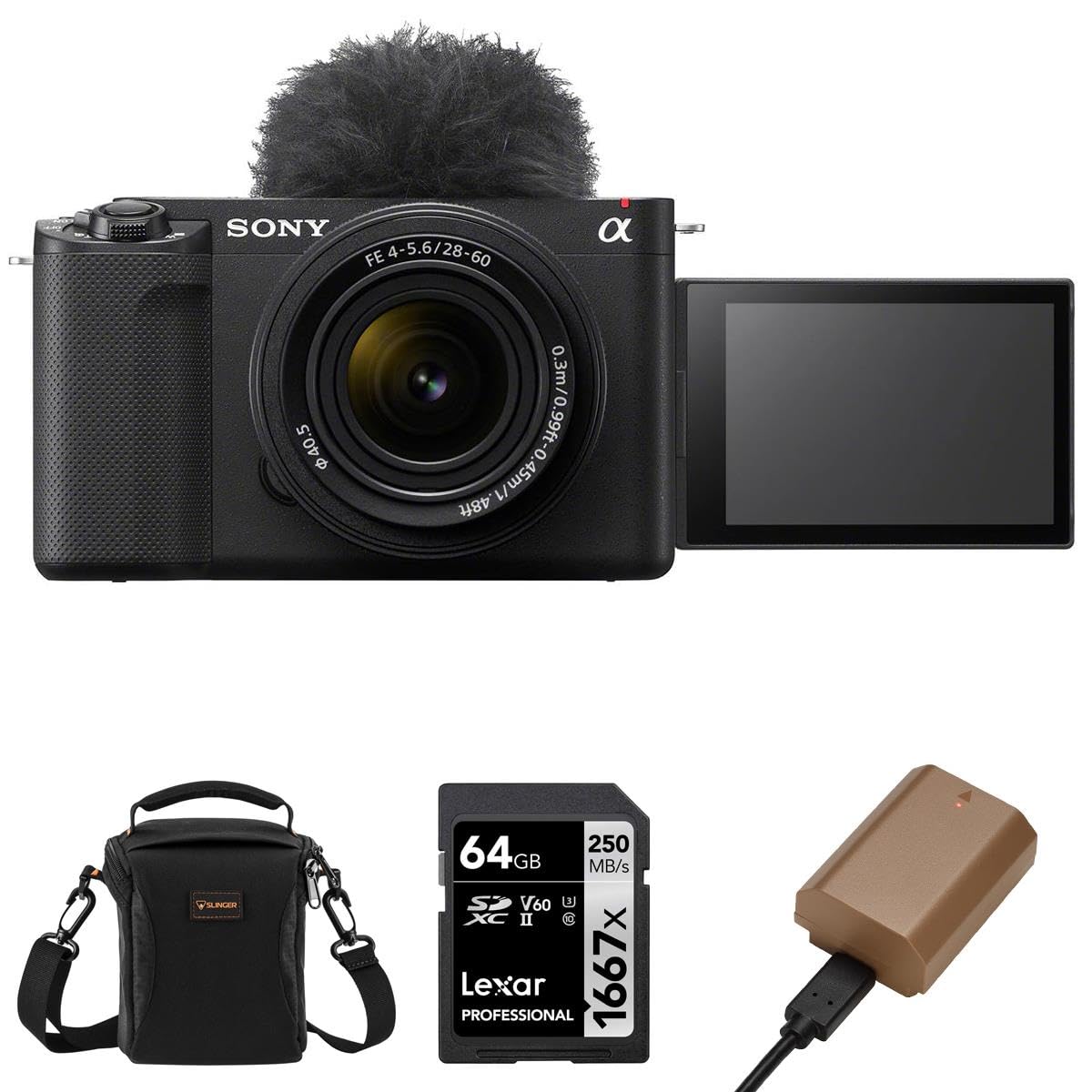 Sony ZV-E1 Full-Frame Interchangeable Lens Mirrorless Vlog Camera with FE 28-60mm f/4-5.6 Lens, Black - Bundle with Shoulder Bag, 64GB SD Card, Extra Battery