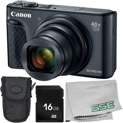 Canon PowerShot SX740 HS Digital Camera (Black) 4PC Bundle - Includes 16GB SD Memory Card + Point & Shoot Case + Microfiber Cleaning Cloth