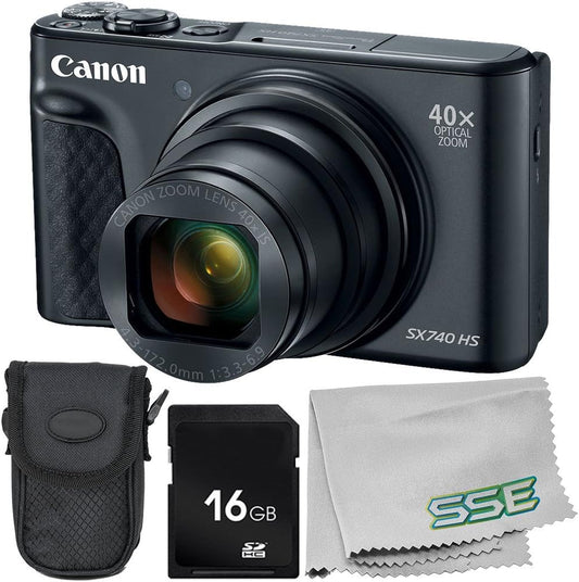 Canon PowerShot SX740 HS Digital Camera (Black) 4PC Bundle - Includes 16GB SD Memory Card + Point & Shoot Case + Microfiber Cleaning Cloth