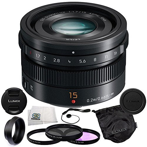 Panasonic LUMIX G Leica DG Summilux 15mm f/1.7 ASPH Micro Four Thirds Lens Mount Wide-Angle Camera Lens (Black) + 5 Piece Essentials Accessory Kit