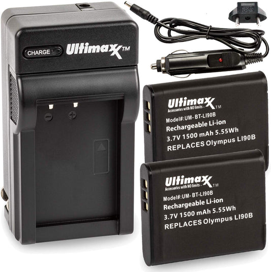 ULTIMAXX Travel Charger + Replacement battery for Olympus LI 90B (LI-90B) - 1500 mah