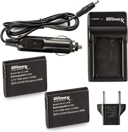 ULTIMAXX Travel Charger + Replacement battery for Olympus LI 90B (LI-90B) - 1500 mah