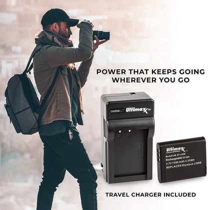 ULTIMAXX Travel Charger + Replacement battery for Olympus LI 90B (LI-90B) - 1500 mah