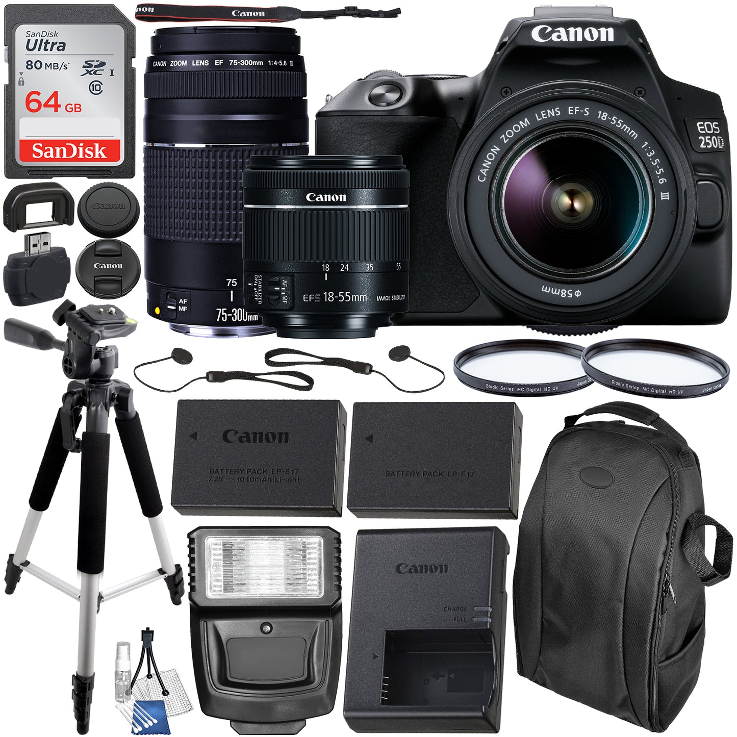 Canon EOS 250D (Rebel SL3) DSLR Camera with 18-55mm & 75-300mm Canon Lenses & Essential Accessory Bundle – Includes: SanDisk Ultra 64GB SDXC Memory Card, Extended Life Spare Battery & MORE
