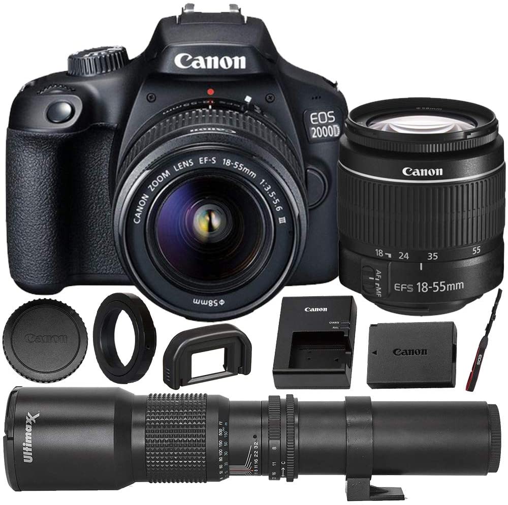 Canon EOS 2000D (Rebel T7) DSLR Camera with EF-S 18-55mm f/3.5-5.6 DC III Lens & Deluxe Accessory Bundle – Includes: 2x SanDisk Ultra 32GB SDHC Memory Card, Extended Life Battery, Carrying Case & MORE