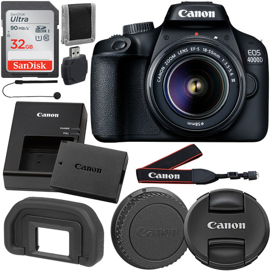 Canon EOS 4000D with EF-S 18-55mm f/3.5-5.6 III (WHITE BOX) with Starter Accessory Bundle - Includes: SanDisk Ultra 32GB SDHC Memory Card (UHS-I / Class 10), High Speed Memory Card Reader & MORE