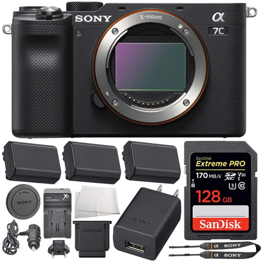 Sony Alpha a7C Mirrorless Digital Camera (Body Only, Black) with Deluxe Accessory Bundle - Includes: SanDisk Extreme PRO 128GB Memory Card, 2x Spare FZ100 Batteries, & MUCH MORE (International Version)