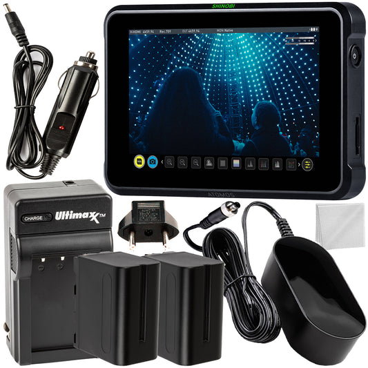 Atomos Shinobi 7" 4K HDMI/SDI Monitor & Power Bundle - Includes: Manufacturer Accessories + 2x Extended Life NP-F975 Batteries + AC/DC Rapid Home & Travel Battery Charger + Microfiber Cleaning Cloth