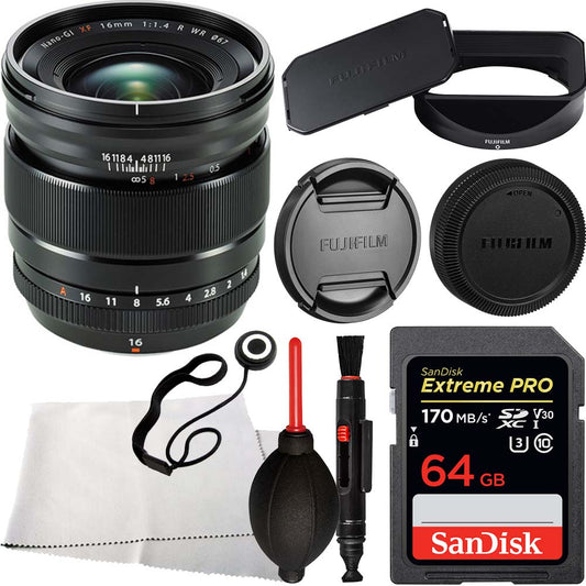 FUJIFILM XF 16mm f/1.4 R WR Lens with Starter Accessory Bundle. Bundle Includes: 64GB Extreme Pro SDXC Memory Card, FUJIFILM Lens Hood, Lens Cap Keeper, Dust Blower, Lens Cleaning Pen, and Microfiber Cleaning Cloth.