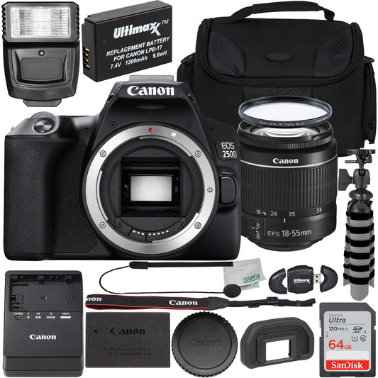 Canon EOS 250D (Rebel SL3) with EF-S 18-55mm f/3.5-5.6 III Lens & Starter Accessory Bundle - Includes: SanDisk Ultra 64GB SDXC, Digital Flash, Extended Life Replacement Battery, Water Resistant Gadget Bag & More