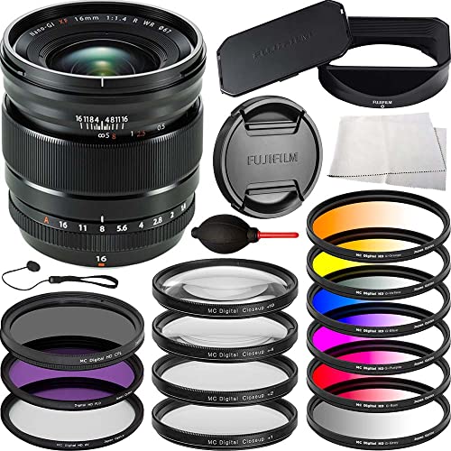FUJIFILM XF 16mm f/1.4 R WR Lens with Advanced Accessory Bundle. Bundle Includes: Lens Hood, 3PC (UV,CPL,FLD) Filter Kit, 4PC Macro (+1, 2, 4, 10) Filter Kit, 6PC Gradual Color, Filter Kit, & More.
