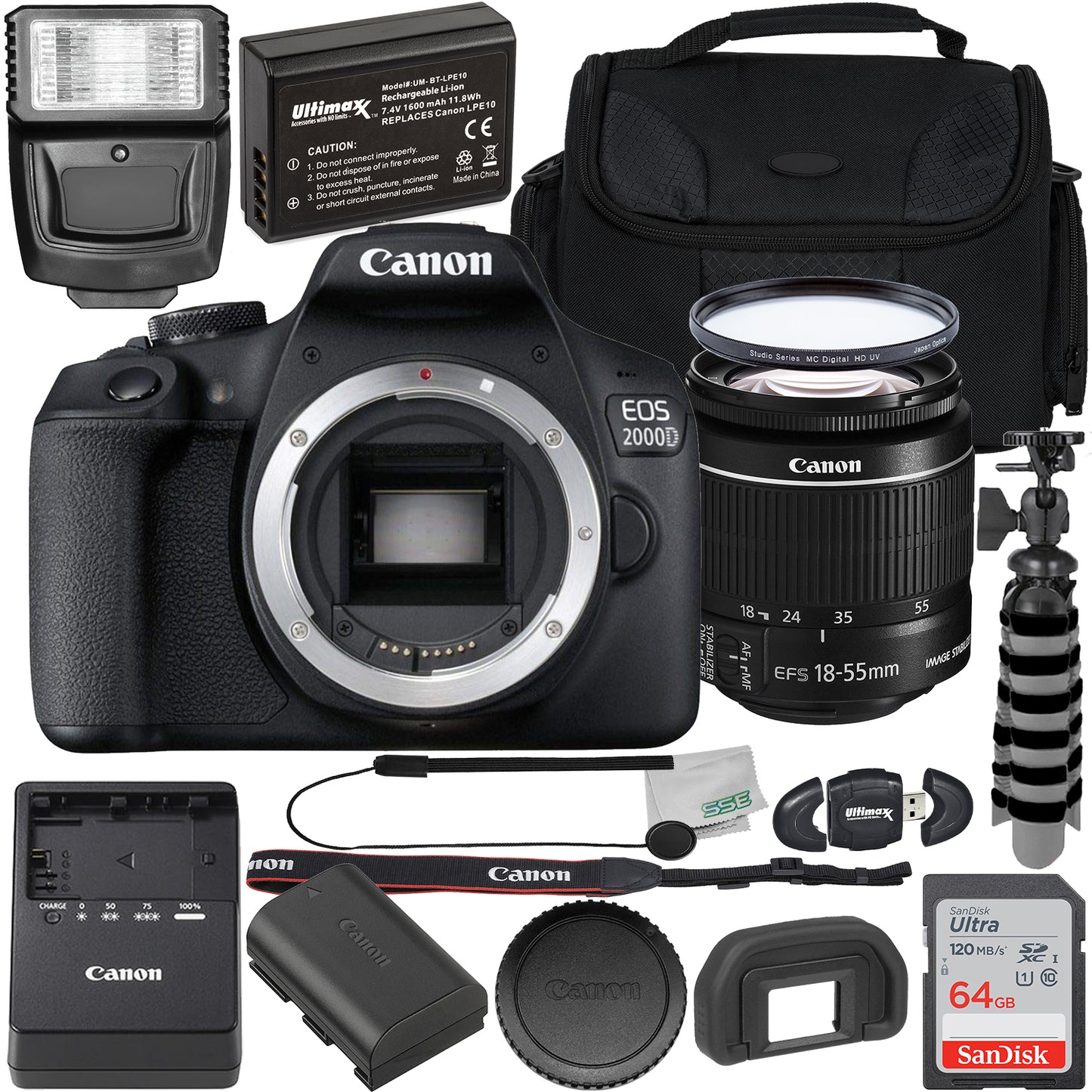 Canon EOS 2000D with EF-S 18-55mm f/3.5-5.6 IS II Lens with Starter Accessory Bundle: SanDisk Ultra 64GB SDXC, Digital Flash, Extended Life Replacement Battery, Water Resistant Gadget Bag & More