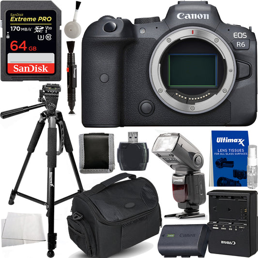 Canon EOS R6 Mirrorless Digital Camera (Body) with Advanced Accessory Bundle. Bundle Includes: 64GB Extreme Pro Memory Card, Dedicated TTL Flash for Canon Cameras, and Much More.