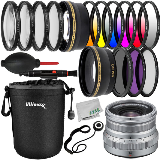 FUJIFILM XF 16mm f/2.8 R WR Lens (Silver) with Advanced Accessory Bundle: Water-Resistant Lens Pouch, 3PC Multi-Coated UV Filter Kit (UV, CPL, FLD), 6PC Gradual Color Filter Kit & Much More